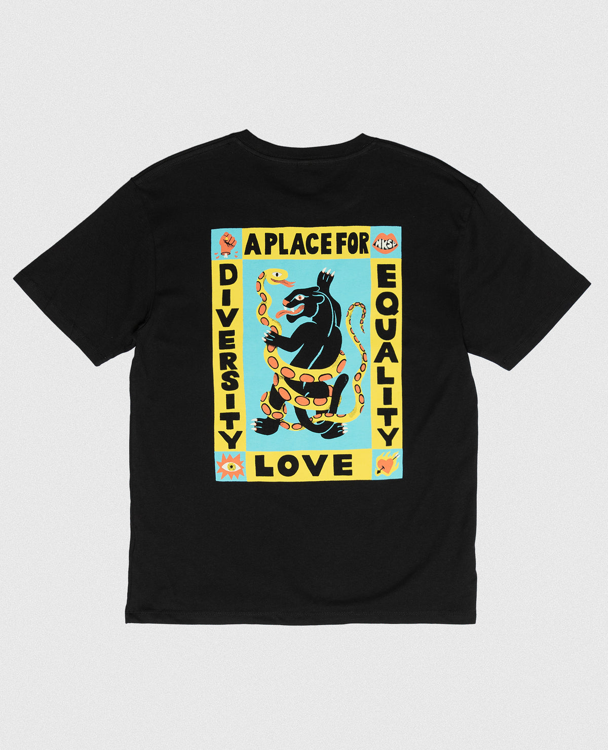A Place For Diversity T-shirt in black by NKSP – flat lay back view with the colourful print