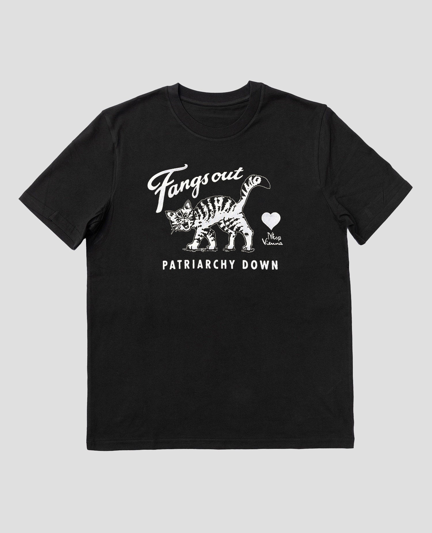 Fangs Out Patriarchy Down unisex T-shirt by NKSP – front print sassy cat