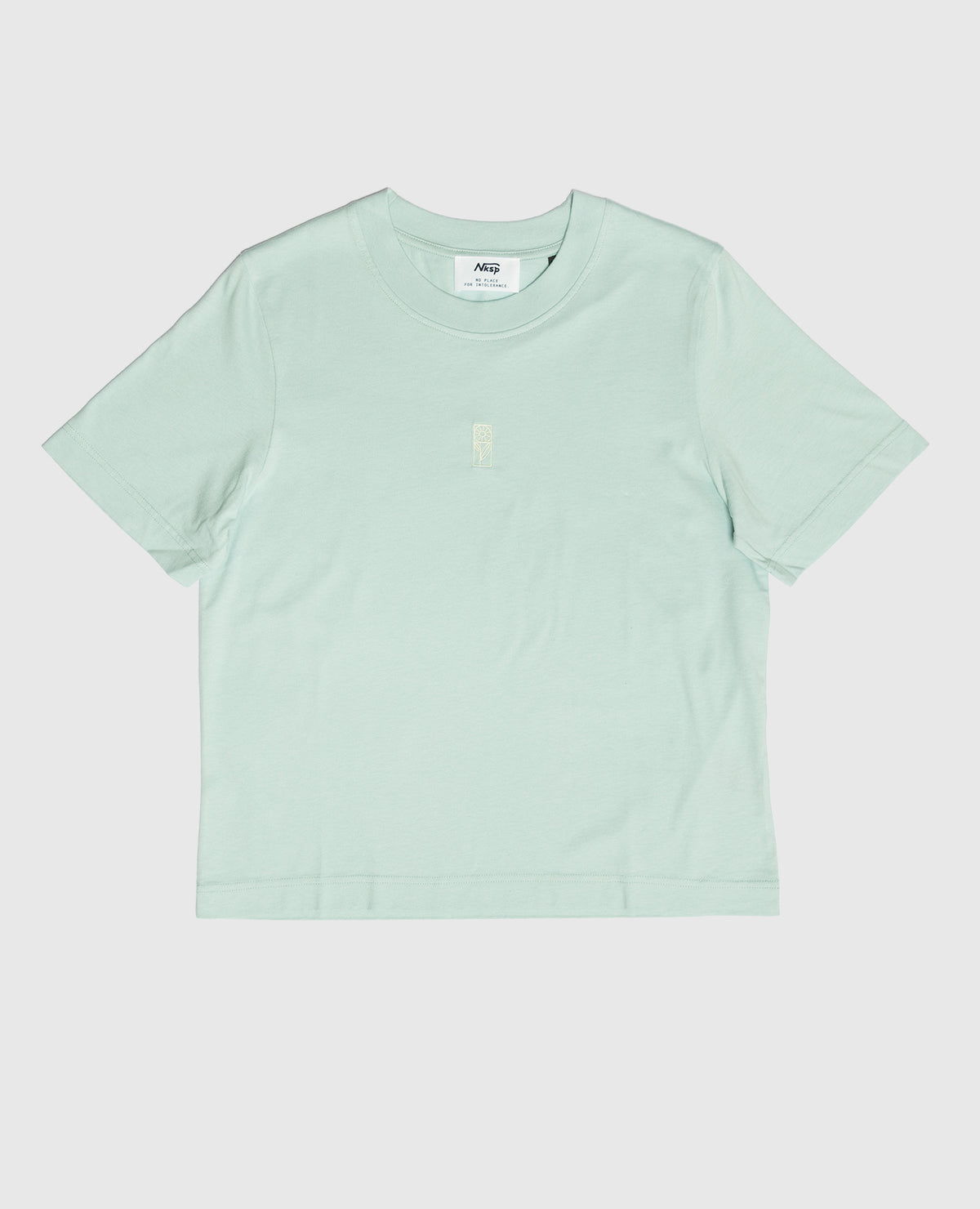 Blume Damen T-Shirt Eisblau von NKSP – gesticktes Blumenmotiv im Stil der Wiener Werkstätte